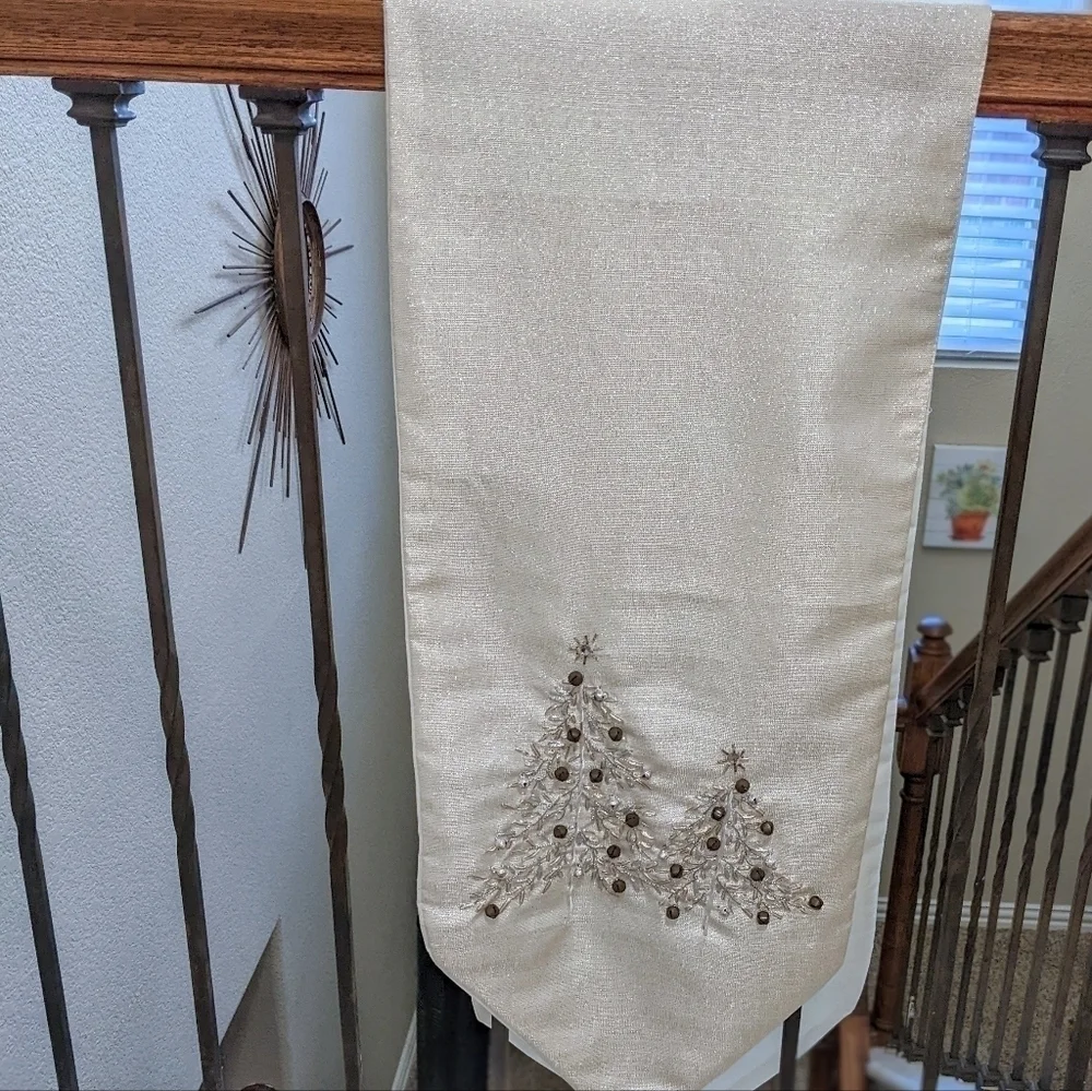 Snowy White Winter Holiday Table Runner with Jingle Bells